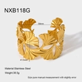 Detailed view of golden stainless steel open cuff bangle with ginkgo leaf pattern - Gold (NXB118G)