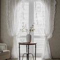 Elegant white vintage lace curtains with ruffled wave edges for a farmhouse window look - 150x200cm / White / Hook-On