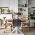 Modern table runner with marble print and cream tassels on a rustic wooden dining table - 33*300 / Black Marble with White Tassels