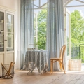 Light blue striped curtains and matching tablecloth with tassels in a bright room - Many Lines Of Gray Large Hollow Rice-colored Broom Handle / 140-260