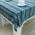 Bohemian style linen tablecloth with colorful ethnic geometric patterns and white lace edges - 100*140cm / Blue Triangle (Lace Edge)