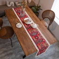 Bohemian table runner with red geometric jacquard and cream tassels on wooden table - Round Placemat 30 / Red Badge with Tassels