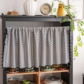 Short kitchen cabinet curtain with grey geometric pattern and black fringe trim - Gray Arrow Black Tassel Rod Pocket