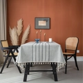 Gray striped rectangular tablecloth with white fringe tassels in a vintage setting - Middle 6 Fine Gray Stripes (Tassels)