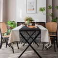 Minimalist white tablecloth with black lace runner and fringe tassels for home decor - 90*90cm / Plain Fabric With Black Crochet Patchwork