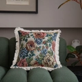 Vintage jacquard square throw pillow with cream fringe trim on a green sofa - Hydrangea Pattern Style / 60x60 Pillow Cover Only