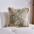 Bohemian jacquard throw pillow with vintage floral pattern and beige fringe trim on sofa - Green Oil Painting White Tassel (Without Core)