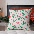 Funda de cojín navideño con estampado de acebo y bayas rojas en textura lino - 60x60cm / Corazón Y Hojas Verdes