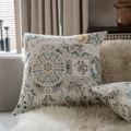Bohemian square pillow case with yellow mandala pattern on beige cotton linen fabric - 60x60