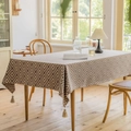 Rectangle tablecloth with beige and coffee geometric diamond patterns and fringe tassels - Coffee Jacquard Pattern With Four White Tassels / Special Size 25