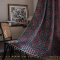 Deep teal curtain with red apple patterns and white tassel fringe in a vintage room - Red Cherry Jacquard (Rod Pocket) / 150*160
