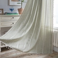Light green linen texture curtain with white wavy embroidery and tassel trim details - Small Hollow Stripe / Size 140-260 / Green / Hook-On