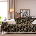 Funda de sofá de jacquard floral vintage con flecos, tejido grueso estilo rústico - Jacquard Flor Amarilla Base Negra Con Borla Blanca / 180*180