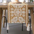 Boho-Tischläufer mit gelbem Blumenmuster und cremefarbenen Quasten auf Holztisch - 35*140cm / Ingwergelb Vintage Floral
