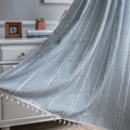 Blue textured cotton linen curtain with white stripe embroidery and boho fringe tassels - Rod Pocket Style / Cafe Curtain / Blue