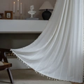 White semi-transparent rustic curtain with vertical geometric embroidery and small tassels - 132*160 / White / Rod Pocket Style