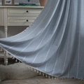 Pastel blue linen curtain with white embroidered leaves and elegant tassel fringe detail - 132*160 / Blue / Rod Pocket Style