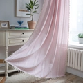 Pink cotton linen curtain with white jacquard texture and elegant tassel trim - Rod Pocket Style / Cafe Curtain / Pink
