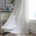 Beige cotton linen semi-sheer curtain featuring vertical stripe textures and elegant tassels - Rod Pocket Style / Cafe Curtain / White