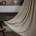 Linen textured oatmeal curtain with white leaf embroidery and decorative fringe accents - Rod Pocket Style / Cafe Curtain / Khaki