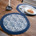 Round blue floral lace placemat with intricate crochet edges on a wooden table - Round 30cm / Blue and White Porcelain (Navy Lace)