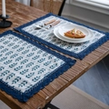 Blue botanical print placemat with matching wide lace borders on wooden table - Round 30cm / Green Wheat Ear (Navy Lace)