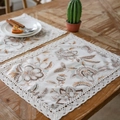 Sottopiatto floreale con bordo in pizzo bianco e stile giardino vintage su tavolo - Rotondo 30cm / Camelia (Pizzo Beige)