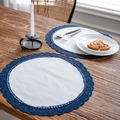 Sottopiatto rotondo bianco con bordo in pizzo blu scuro per isolamento termico decorativo - Rotondo 30cm / Lino Tinta Unita (Pizzo Navy)
