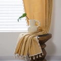Bohemian mustard yellow woven throw blanket with geometric patterns and white tassels - 132*220 / Yellow Grid With Beige Decor / Rod Pocket