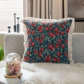 Cuscino jacquard blu navy con motivo di bacche vintage e bordi con nappe crema - Jacquard Ciliegia (Con Frange) / 60x60cm (Con Interno)