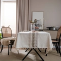 Beige cotton linen tablecloth with brown leaf embroidery and elegant tassels - 140-260 / Brown Wheat Embroidery With Tassels