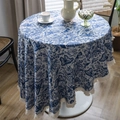 Nappe ronde à fleurs et papillons bleu et blanc avec glands de style rétro vintage - 150cm Rond / Jacquard Papillon Bleu Avec Glands Blancs