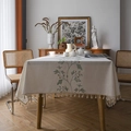 French country style embroidered flower tablecloth with beige tassels for rectangular tables - 140-260 / Blue Vine Embroidery With Fringe