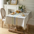 Nordic rectangle cotton linen tablecloth in beige with colorful leaf embroidery and tassels - 140-260 / Colorful Wheat Embroidery With Tassels