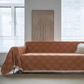 Caramel checkerboard sofa cover with white tassels and geometric jacquard pattern - 180*380 / Orange