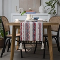 Bohemian table runner with red and blue stripes, geometric patterns and cream tassels - Blue And Red Diamond Stripes With Four White Tassels / Table Runner 33-140