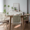 Camino de mesa verde salvia con bordado geométrico blanco y borlas decorativas - Verde / 33cmx240cm
