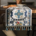 Jacquard table runner with blue and gold patterns and elegant fringe on a wooden table - Blue Cross + Shinran Tassel / 35*120cm