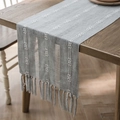 Blue Nordic table runner with white embroidered geometric lines and handmade tassels - 33X140cm / Gray (Large Hollow)