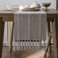 Minimalist beige linen table runner with white geometric embroidery and fringe tassels - 33X140cm / Coffee (No Hollow)