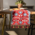 Ethnic style red table runner with geometric patterns and colorful tassels on dark wood - Red Block Pattern with Red Tassels / 35*120cm