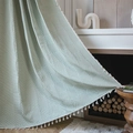 Light green striped textured curtain with white tassel fringe in a modern home interior - 132*220 / Green Grid With Beige Decor / Rod Pocket