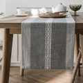 Nordic grey woven table runner with white geometric stitching on a light wooden table - Single Line Gray + Hemmed Edge