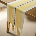 Modern Nordic table runner with yellow and beige stitching and dark brown X embroidery - A Single Yellow Handmade Tassel / Table Runner 33-183