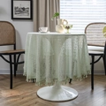 Pastel green round lace tablecloth featuring hand-crocheted patterns and fringe tassels - 150cm Round / Green Coin Pattern Style