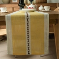 Yellow and white striped Nordic table runner with brown embroidery and fringe detail - A Line Of Yellow Rolled Edge / Table Runner 33-183