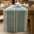 Blue and beige woven table runner with brown diamond embroidery and rustic fringe - A Line Of Blue Rolled Edges / Table Runner 33-183