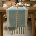 Blue and white striped Nordic table runner with geometric woven patterns and tassels - A Line Of Blue Handmade Tassels / Table Runner 33-183
