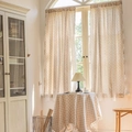 Floral print curtains with lace edge and matching fringed tablecloth in navy and cream - Blue Chrysanthemums With Small Floral Lace Trim On The Stem / 140*160cm