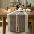 Nordic brown and beige jacquard table runner with V-shaped embroidery in rustic cotton linen - A Line Of Deep Purple Curled Edges / Table Runner 33-183